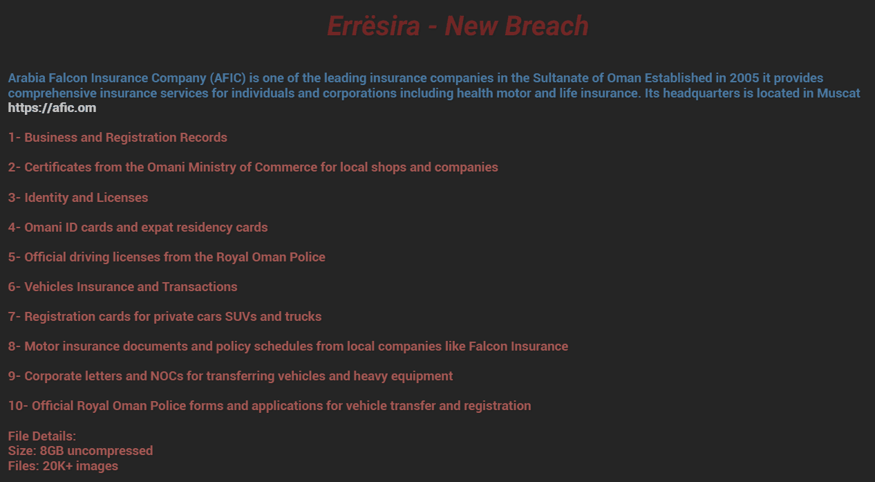 Screenshot of the 8 July forum post offering documents tied to an Omani insurer, listing ten categories of material, 8 GB and more than 20,000 images.